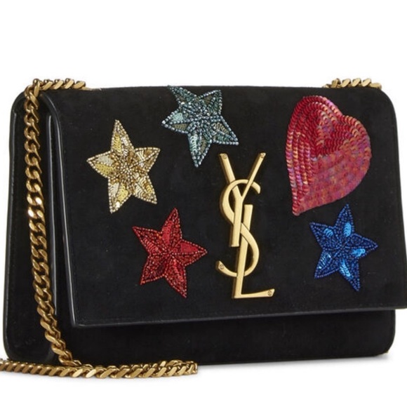 VINTAGE SAINT LAURENT BLACK SUEDE BEADED
MONOGRAM KATE SHOULDER BAG - Picture 1 of 16